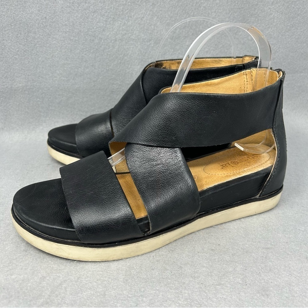 Bussola Pamela Black Wide Strap Leather Sandals Zipper Back Size 39